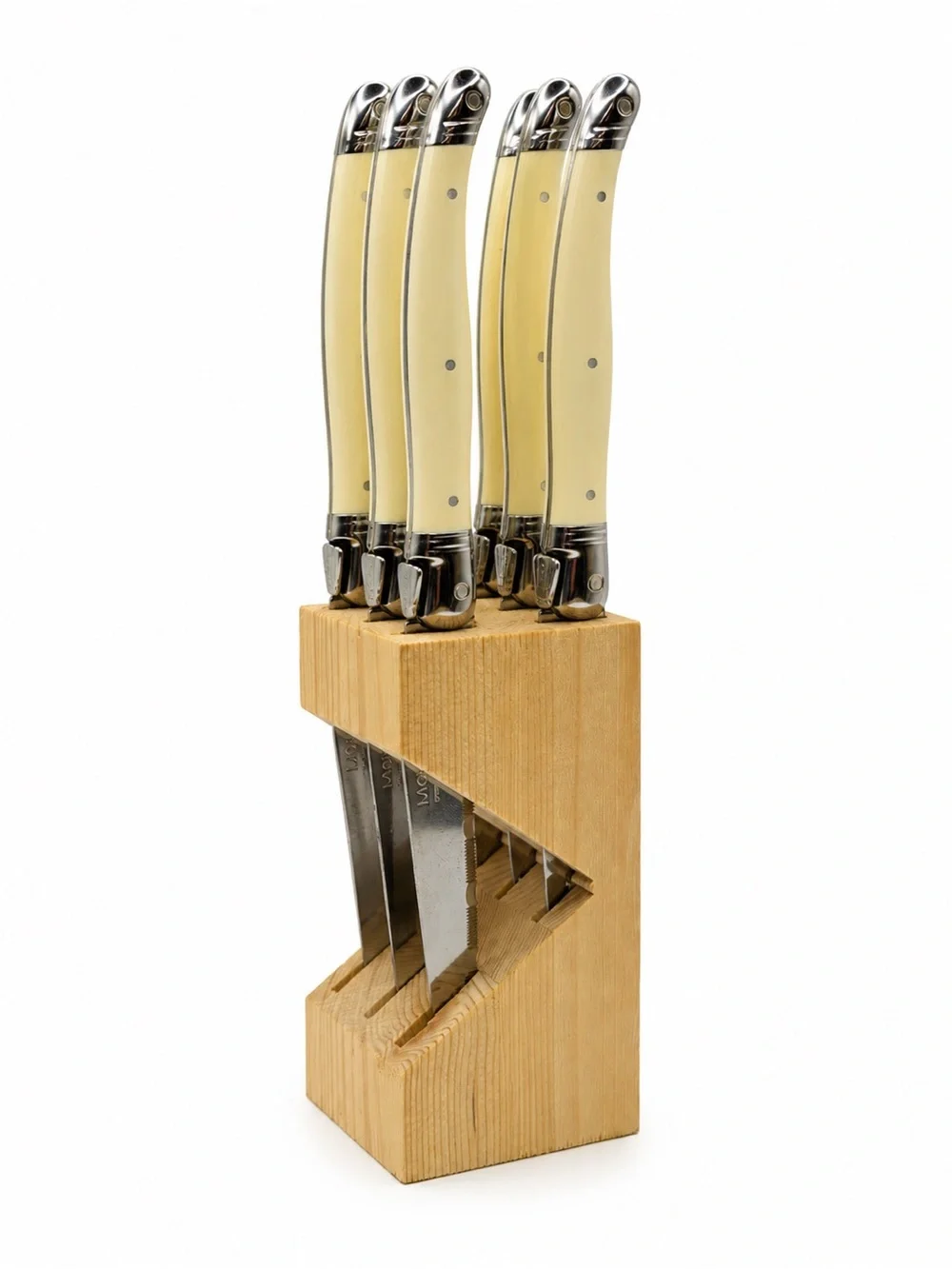 Jean Dubost Laguiole Steak Knives Set of 6 Stainless with Ivory Handles & Block